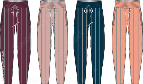 Collection of women's casual striped jogger pants in various colorways. Technical fashion flat sketch for apparel design and clothing templates