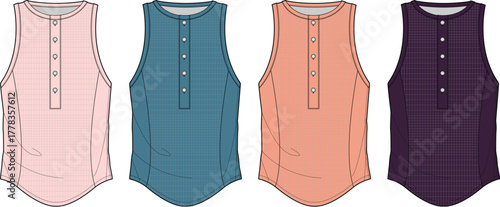 Set of women's ribbed knit henley bodysuits in multiple colorways. Vector fashion technical flat sketch template for apparel design and mockups