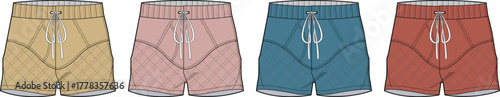 Collection of four different colored casual shorts with drawstring waistband and pockets