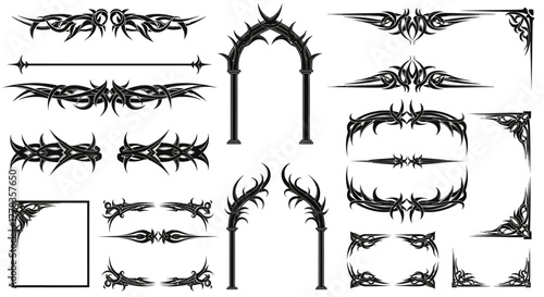 Vector set of gothic and tribal decorative design elements featuring spiky arches, thorny dividers, and ornate corner frames