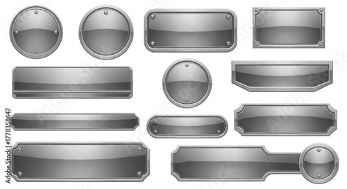 Collection of Glossy Metallic Buttons and Labels for Web Design and UI Elements