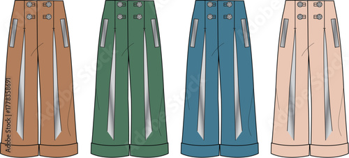 Illustrative vector art featuring a selection of modern wide-leg palazzo pants in diverse colors, representing contemporary fashion and versatile styling options for everyday elegance