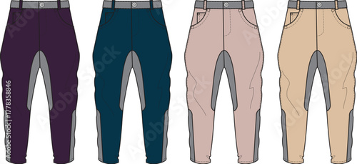 Set of colorful equestrian riding breeches for women. Flat vector illustration of horse riding apparel in various shades and colors