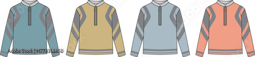 Collection of men's performance quarter-zip long sleeve shirts in multiple colorways. Technical flat fashion illustration for apparel design and mockups