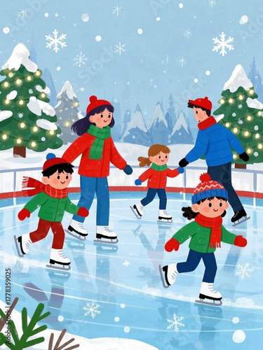 Cheerful family of five ice skating together on a frozen rink in a festive winter wonderland scene with snow