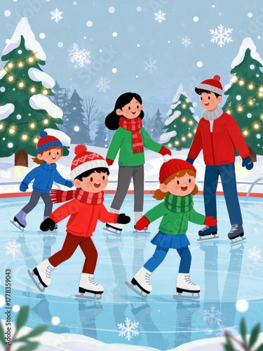 Happy family ice skating on an outdoor rink surrounded by snowy Christmas trees