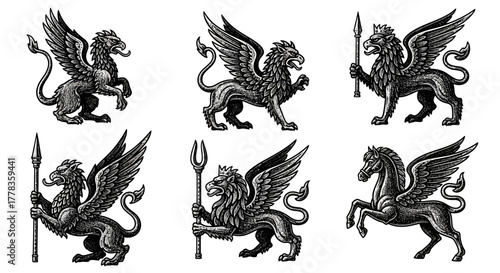 Mythological creatures with wings, lion's body, eagle's head, and lion's head on a white background