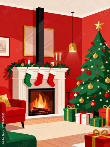Cozy Christmas living room with a decorated tree, gifts, and a warm fireplace