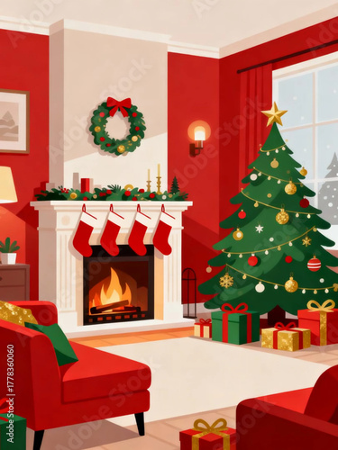 Classic holiday living room interior with a festive Christmas tree and burning fireplace illustration