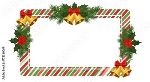 Festive Christmas border with bells and holly for holiday greetings and decorations
