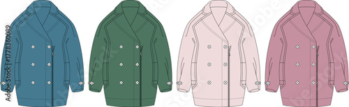 Collection of women's double-breasted pea coats in different colors. Fashion technical flat sketch vector illustration. Outerwear apparel design template for clothing collection mockups