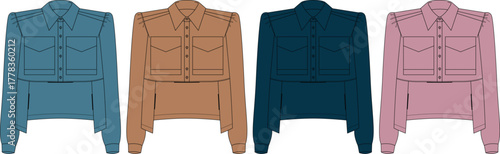Four stylish blouses in different colors teal, brown, navy, and pink, showcasing button-up fronts and pocket details
