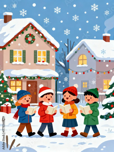 Christmas Carolers Singing and Spreading Holiday Cheer in a Snow-Covered Town