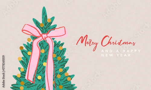 Christmas Holiday banner, card, poster, cover, background. Modern bright Xmas design with hand drawn beautiful Christmas tree with big bow and golden confetti for season greetings, sales, print, ads