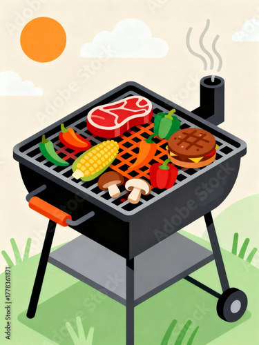 Delicious Grilled Food on a Barbecue with Vegetables and Meat