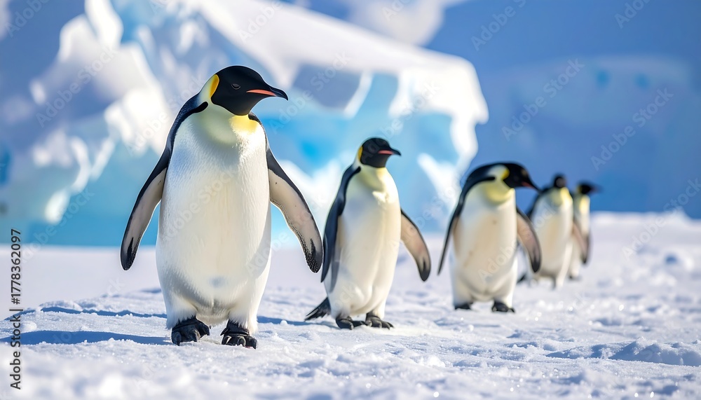 Fototapeta premium A line of emperor penguins waddle across a vast snow-covered terrain, a backdrop of icy formations reflecting a clear blue sky