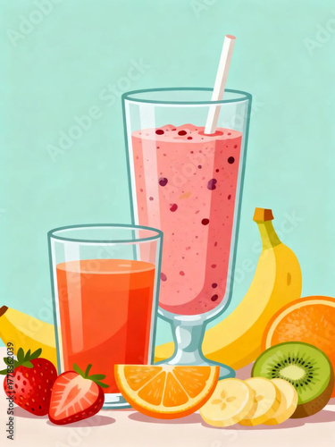 Refreshing Fruit Smoothie and Juice Illustration with Fresh Ingredients