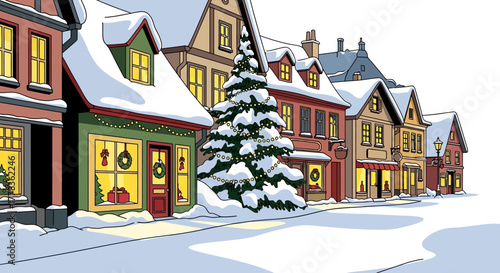 Charming snowy street lined with festive shops and decorated Christmas tree during winter holidays