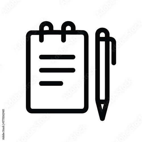 Notebook and Pen Icon Illustration for Planning and Organization in Black and White Aesthetic