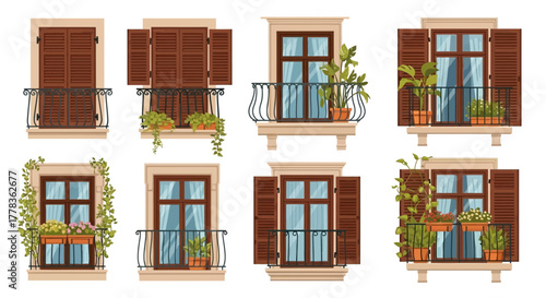 Charming vector illustrations of European style windows featuring balconies, flower boxes, and open or closed wooden shutters, perfect for graphic design projects
