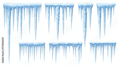 Set of realistic icicles hanging from a roof with snow on top, isolated on white
