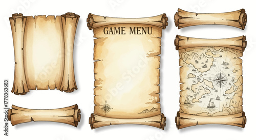 A collection of ancient parchment scrolls, including an old paper manuscript with a pirate treasure map and a game menu illustration