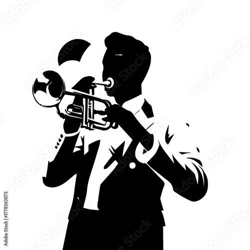 Silhouette of a jazz musician playing a trumpet with musical notes