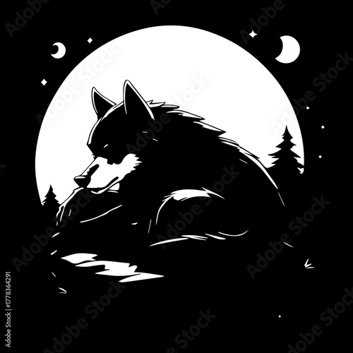 Stylized Black and White Wolf Silhouette Resting Under the Moon
