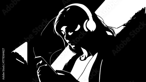 Stylized Silhouette of a Woman Wearing Headphones and Holding a Smartphone