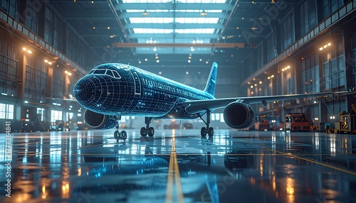 Wireframe aircraft in hangar