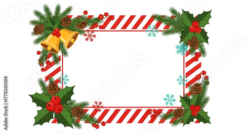 Festive Christmas Frame with Red and White Stripes, Holly, Pine Cones, and Bells for the Holidays