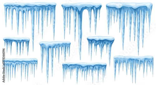 Set of realistic watercolor icicles isolated on a white background, winter elements
