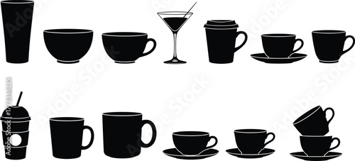 Collection of drink cups and mugs silhouette icons, coffee bowls, takeaway cup, tea cups, cocktail glass vector set for café menu design