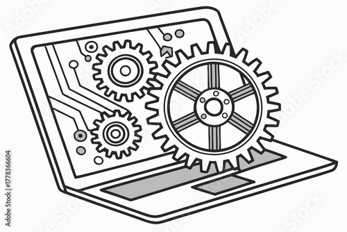 Computer settings icon showing gears and circuits in metallic tones, futuristic interface style.