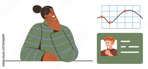 Individual sitting thoughtfully with hand on chin, graph of data trends, and profile card. Ideal for analytics, planning, career growth, research, reflection problem-solving decision-making. Simple