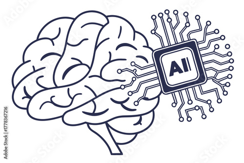 AI software icon showing a human brain and digital chip blend, glowing neural pattern.