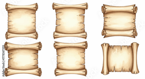 Collection of ancient paper scrolls and vintage parchment manuscripts for historical designs and announcements