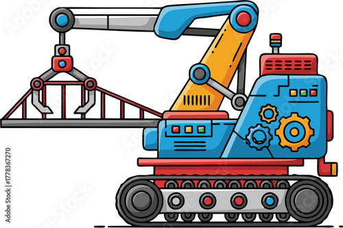 Cartoon illustration of a blue and yellow industrial crane with tracks.