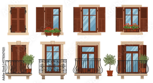 A set of classic architectural window designs with open wooden shutters, balconies, and flower pots. Vector illustration collection of exterior facade elements