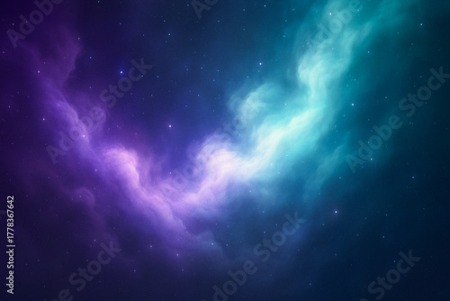 Dreamy cosmic abstract background with glowing nebula clouds in violet and teal, sparkling stars scattered across wide.
