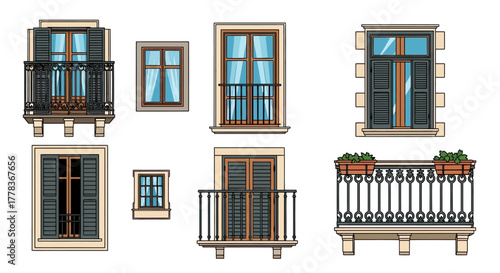 Pixel art set of diverse windows and balconies for architectural projects