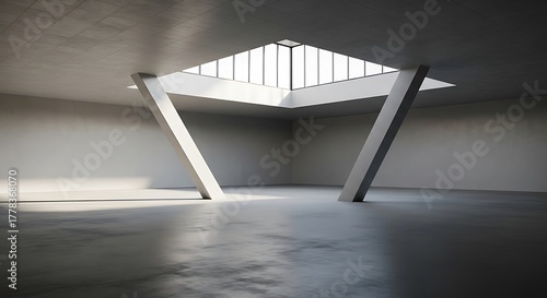 Empty square room with Two diagonal columnes supporting the building