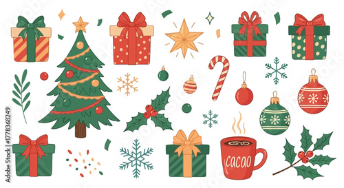 Festive Christmas elements set Gift boxes, Christmas tree, ornaments, snowflakes, and cocoa cup