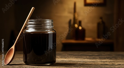 A glass jar of dark molasses or treacle with a wooden spoon resting against it on a rustic wooden table.