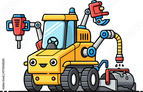 Cute Cartoon Construction Vehicle with Multiple Attachments.