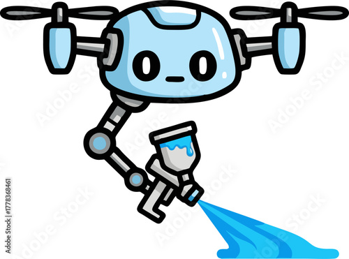 Cute Drone Robot with Paint Spray Gun Cartoon Illustration.