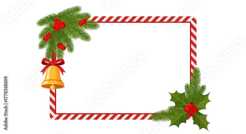 Vector illustration of a Christmas holiday frame with candy cane pattern, decorated with pine, holly, and a jingle bell