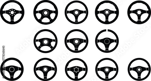 Collection of modern car steering wheel icons, black silhouette automotive vector set, vehicle control design elements for dashboard, racing, transportation illustrations