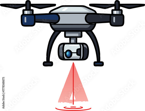Drone with Camera and Red Laser Beam Scanning.