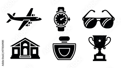 Six black icons for travel, luxury, and achievement on white background